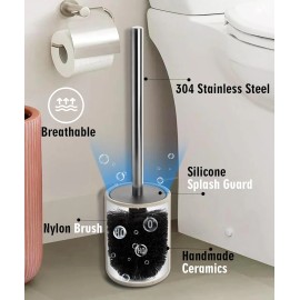 Viosuniu Ceramic Toilet Brush & Holder Set, Stainless Steel Handle, Deep Bowl Cleaner