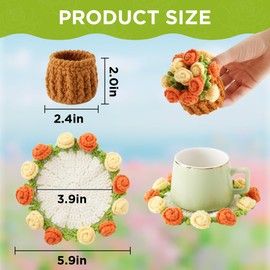 Vane Oak Flower Crochet Coasters, Handmade Bouquet Blanket Coaster with Crochet Plant Pot Fun Soft Decorative Drink Coasters for Coffee Table Tabletop Protection and Home Decor