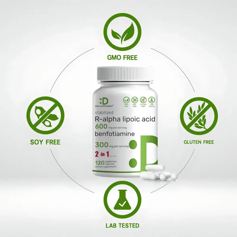 Ácido R-alfa Lipoico 600 Mg Con Benfotiamina 300 Mg 120