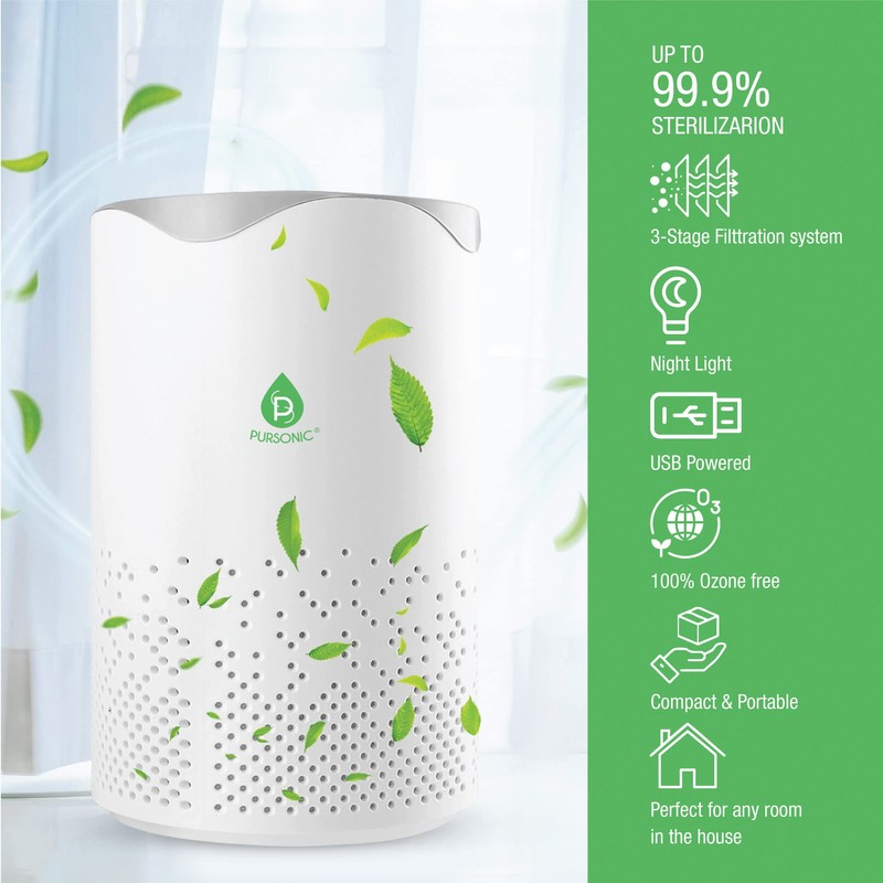 Pursonic USB Powered Air Purifier With Night Light For Home,Office,