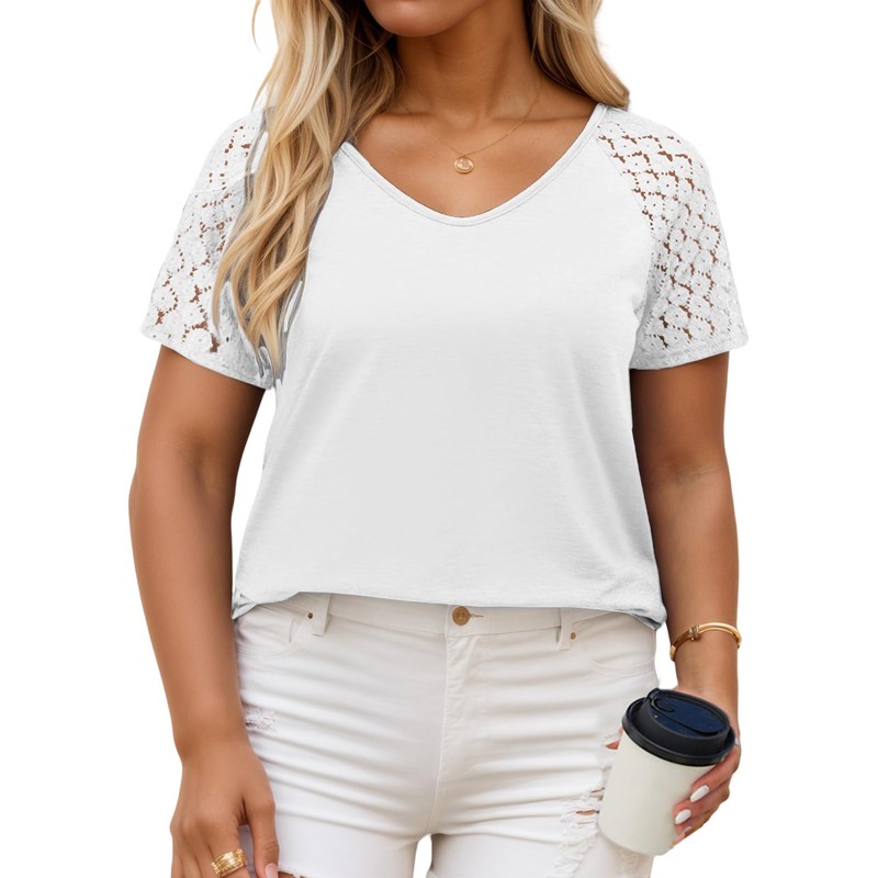VISLILY Plus Size White Top Oversized V Neck Casual Raglan