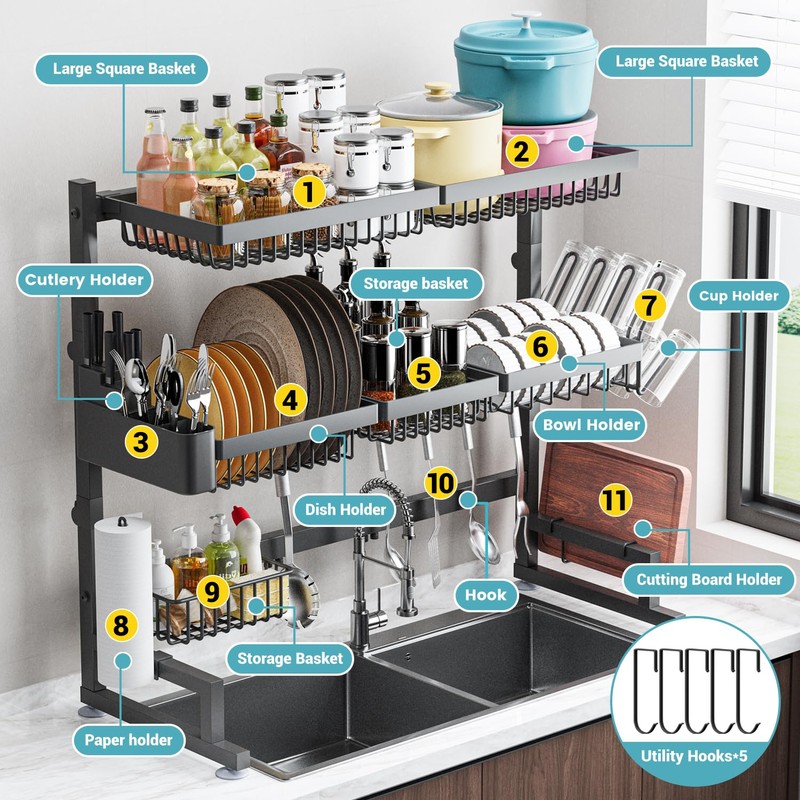 ADBIU Over The Sink Dish Drying Rack (Expandable Height and
