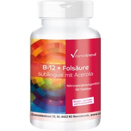 Vitamin B-12 + Folic Acid Sublingual, 180 Tablets with 500 μg Vitamin B12, 100 μg Folic Acid & Acerola (25% Vitamin C), High Dosage, Vegan, Bioavailable Supplements from Germany Vitamintrend®