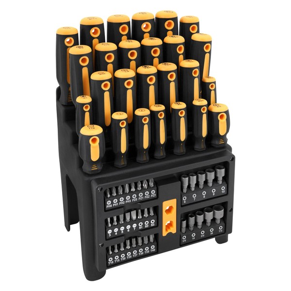 Performance Tool W1731 Screwdriver and Bit Set with Rack, Yellow/Black,