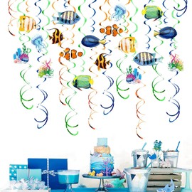 Fish Decoration Underwater World Children's Birthday Ocean Party Decoration 30 Pieces Hanging Spiral Fish Hanger Tropical Fish Pattern for Indoor and Outdoor Use, 18 x Double-Sided, 12 x Spirals