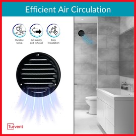 TURvent Round 4 inch Vent Cover for Wall and Ceiling - Black HVAC Return Air Grille with Mesh - Metal Soffit Vents for Outdoor and Indoor Use - External Diameter 5.51 inch