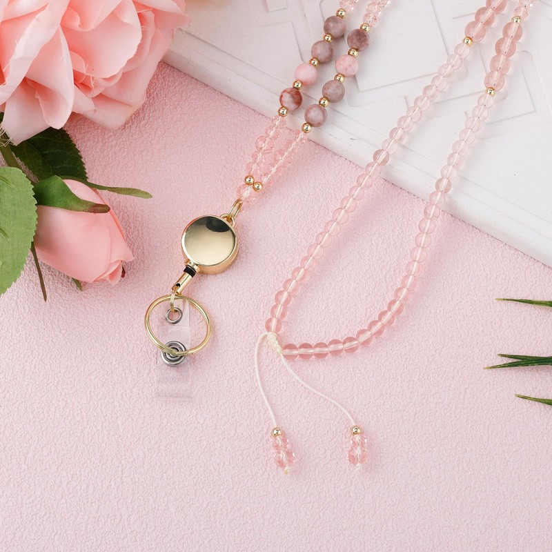 Retractable Lanyards for ID Badges, Natural Stone Beaded Teacher Lanyard