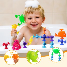 Baby Bath Toys, 32 PCS Suction Cup Toys with Eggshell Storage, Window Toys, Fidget Toys, Travel Toys, Building Toys for 3 4 5 6 Year Old Boys Girls