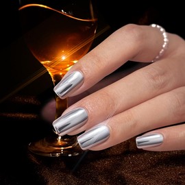 Yivaiks Press on Nails Medium French Tip Nails for Women Stick on Nails Acrylic Nails Press Ons Glossy Artificial Nails Stick on Nails Long Nails Kit 24pcs（2409-FX-Mirror Silver）