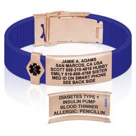 Divoti Divoti Custom Dual-Sided Engraved Silicone Medical Alert ID Wristband w/Security Clasp & Trim-to-Fit Jazz Blue Silicone Band w/Security Clasp - 20MM PVD Rose Gold/Black