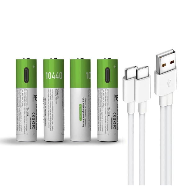 Lankoo USB 10440 Lithium ion Rechargeable Battery, High Capacity 3.7V 750mWh Rechargeable 10440 Battery, Fast Charge, 1200 Cycle with Type C Port Cable, Constant Output,4-Pack