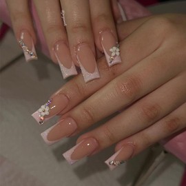 24Pcs Press on Nails with Elegant French Tips, Nude Pink Base, Sparkly Glitter Accents, Flower and Rhinestone Design, Square Shape for a Stylish and Chic Manicure