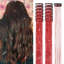 Hair Tinsel 12 Pcs Clip in Hair Tinsel Kit for Girls 20.5 Inch Glitter Shiny Sparkly Fairy Tinsel Hair Extensions Heat Resistant Party Festival Accessories for Women Kids (Red)