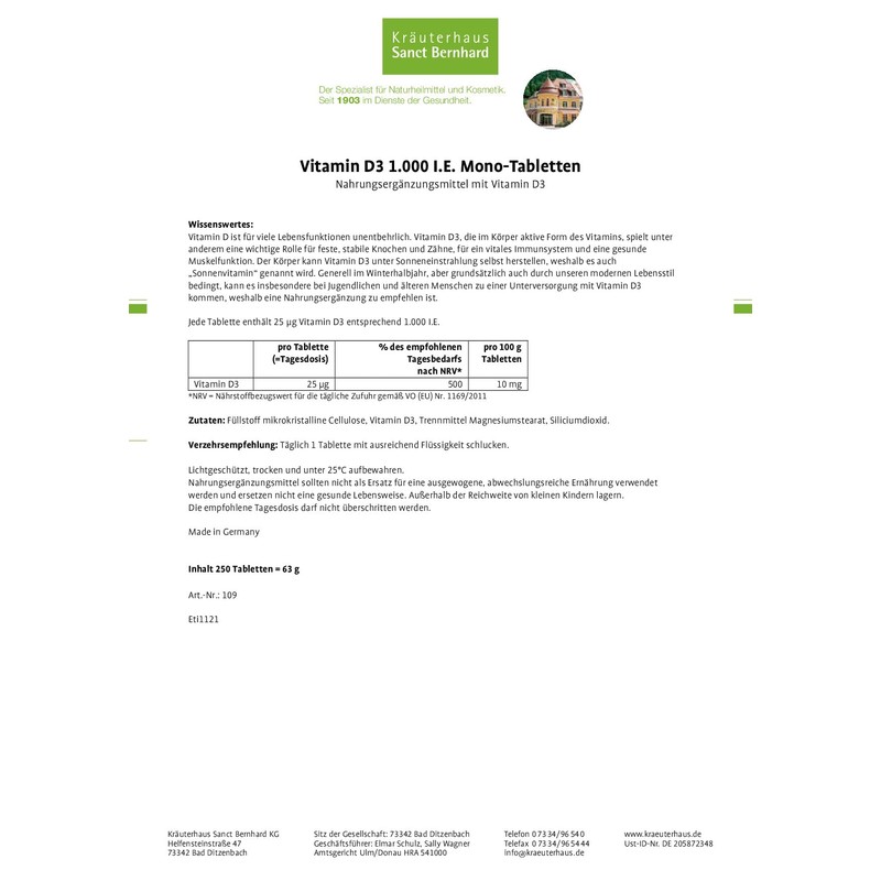 Sanct Bernhard Vitamin D3 1000 IU Mono Tablets 2 x