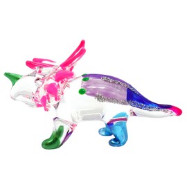 Sansukjai Triceratops Dinosaur Figurines Hand Blown Color Glass Art Animals Collectible Gift Home Decor, Pink Blue
