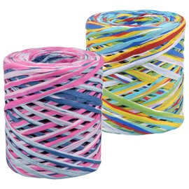 Natuce 2 Rolls of Raffia Ribbon, 400 m Gift Ribbon, Multicoloured, Paper Ribbons Environmental Protection, Raffia Paper Cord for Gift Wrapping, Christmas Decoration, DIY Crafts