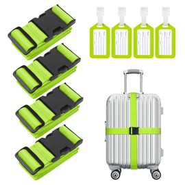 Flintronic Pack of 4 Premium Luggage Straps, Suitcase Strap, Adjustable, Non-Slip Luggage Strap, Long Suitcase Straps, Luggage Strap + 2 Luggage Tags, Safe Travel for Suitcase, Green