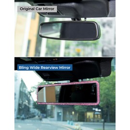 JOYTUTUS Rear View Mirror, Universal 11.81 Inch Panoramic Rearview Accessories with Bling Rhinestones Crystal Diamonds Edge, Interior Clip-on Wide Angle Rear View Mirror -Pink