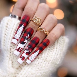 24 Pcs Christmas Press on Nails Long Coffin Buffalo Plaid Fake Nails with Nail Glue Full Cover Acrylic Nails With Design Elk Christmas Tree Design Stick On Nails Xmas False Nails for Women Girls