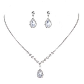CIEHER Silver 2/3 Pieces Women Jewelry Set - Drop Necklace + Crystal Teardrop Dangle Earring Clips, Crystal Clip On Earrings Silver Non Pierced for Women Girls