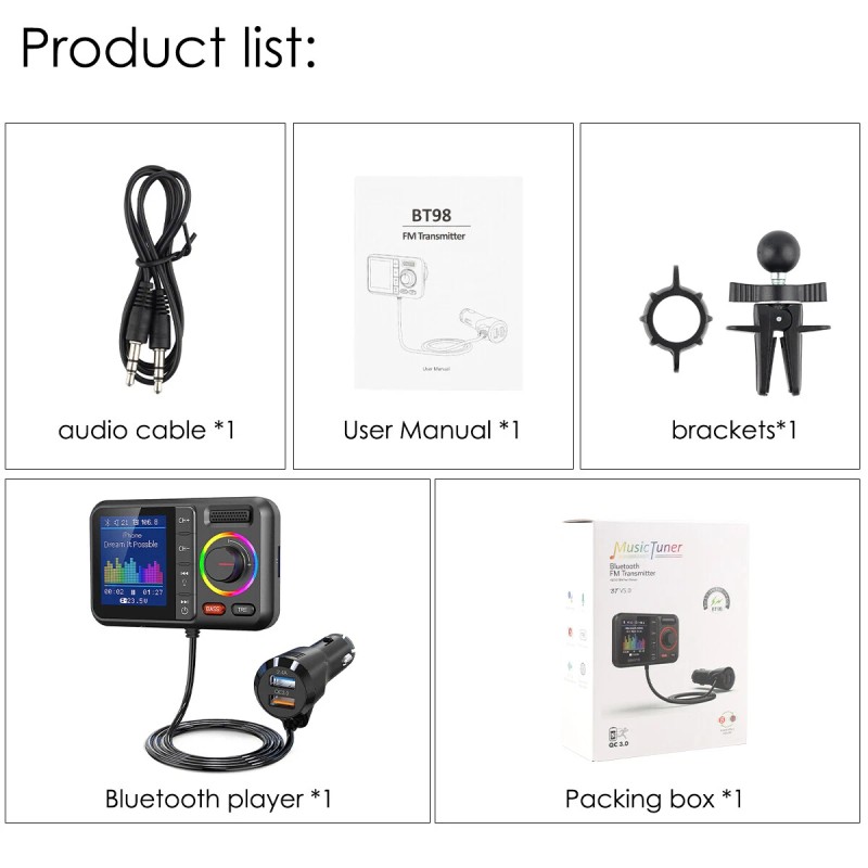 Universal Bluetooth V5.0 FM Transmitter Wireless Car Adapter Screen QC3.0