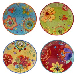 Tunisian Sunset 8.75" Ceramic Salad & Dessert Plates, Set of 4 – Assorted Multicolor Boho Designs, Folk-Inspired Plates for Appetizers, Snacks, Brunch & Everyday Eclectic Dining