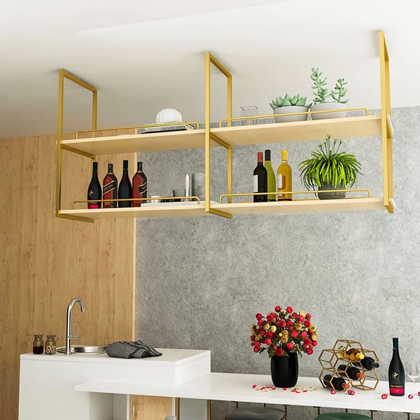 Ceiling Shelf, Hanging Shelf with guardrail - 2 Layer Ceiling Mount Storage Rack with wooden boards, 39.3inch Metal display stand for wine bottle Plants books Storage, for Restaurant, Bar, Cafe
