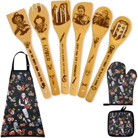 Horror Movie Cooking Wooden Spoons Set with Apron Oven Mitt Potholder Gifts for Women,9pcs Horror Collectibles Decor for Kitchen and Party,Engraved Bamboo Spoons Set,Birthday Housewarming Gift