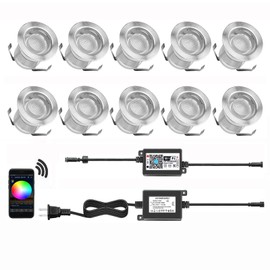 QACA WIFI Controlled LED Deck Lights Multi Color Outdoor IP67 Waterproof Φ1.18"Low Voltage Step Lights In-Ground Lights, Smart Phone APP Controlled, Compatible with Alexa Echo and Google Home, 10 Pack