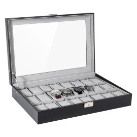 UTEN 24 Slots Watch Box Large PU Leather Jewelry Organizer Display Case Lockable Gift