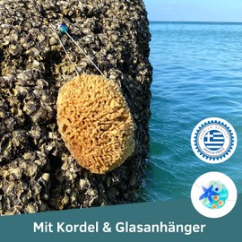 Natural Sponges with Cord & Glass Pendant - Unbleached Mediterranean Bath Sponge - Premium Quality Unbleached, natural