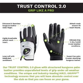 HIRZL Trust Control 2.0 Golf Gloves, All Weather Mens Golf Glove, White/Black, Kangaroo Leather Palm, Cabretta Leather Backhand, Trusted by Pro’s, Sweat Free, Ultimate Grip, Small, Worn on Left Hand
