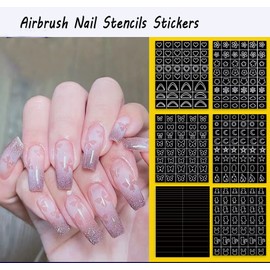 9 Sheets Airbrush Nail Stencils Stickers for Nail Art, 3D Self-Adhesive Butterfly Heart Snowflake French Design Hollow Printing Template Stencil Nail Guide Supplies for DIY Manicure Decoration