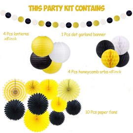 19pcs Honey Bee Party Decoration, Hanging Paper Fans Lantern Honeycomb Ball Garlands Set for Birthday Baby Shower (Black Yellow)