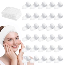 SHENGYIWA 30 Pack Adjustable Spa Headband for Women – Non-Slip Facial Hair Wrap for Washing Face, Makeup, Shower, Skincare, and Yoga White