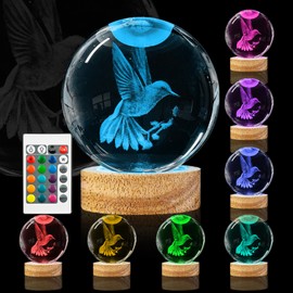 3D Hummingbird Crystal Ball Night Light 3.15 inch Hummingbird Figurines Glass Ball Lamp with 16 Color Changing and Remote Hummingbird Decor Gifts Ideal for Women Friends Christmas Birthday