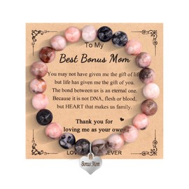 HMOOY Inspirational Natural Stone Beaded Bracelet Gifts for Women, Pink 8mm Round Sweet Love Charm Bracelet Birthday Jewelry Gifts for Women Mom Daughter Grandma Friend Sister (Bonus Mom)