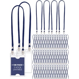 Patelai 100 Pack Double Clip Lanyards Bulk Face Mask Lanyards Twist Free 2 Hook Design Adjustable ID Badges Neck Straps for Conferences Office School Class Card Keychain (Navy Blue)