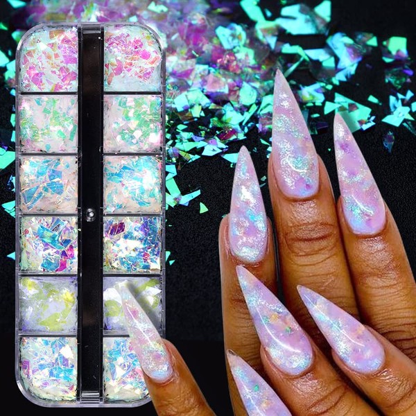 Holographic Mermaid Nail Art Glitter Flakes JMEOWIO 12 Grids Holographic