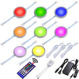 Lvyinyin RGBWW Curio Cabinet Display Light Kit, Under Above LED Pucks, Red Green Blue & True Warm White Color Changing, Remote Dimmer, Daisy Chain Linkable, 120V Hardwired & Plug-in, 8 Lights