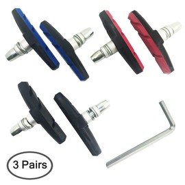 3 Pairs Bike V-Brake Pads Set with Hex Nuts/Wrench and Spacers, 70 mm/2.75", AFUNTA 6 Pieces Road Mountain Bicycle V-Brake Blocks, No Noise No Skid - Black, Red, Blue