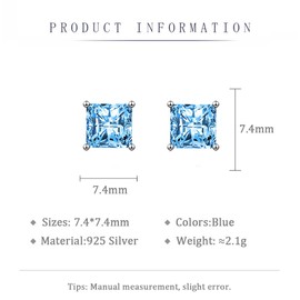 wynn's Silver Stud Earrings for Women, White Gold Studs Earrings, Silver Square Cubic Zirconia Stud Earrings, Hypoallergenic Earrings for Girls Jewellery Gift Christmas, Blue