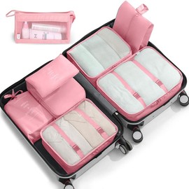 8 Set Packing Cubes for Suitcases, Packing Cubes with Shoe Bag, Cosmetics Bag, Clothing Bag, Accessories Bags Packing Cubes for Travel Luggage Organizer - Color: Pink