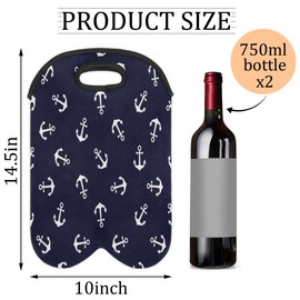 Aglebo Nautical Anchors 2 Bottle Wine Carrier Tote Bag Insulated Wine Bottles Neoprene Bag with Secure Carry Handle Portable Wine Cooler Bag for Travel Picnic Beach