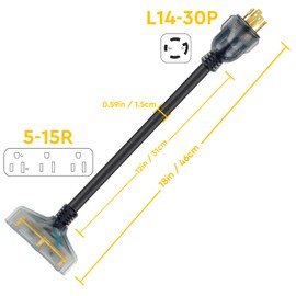 ElecStream Tech 30 amp to 110 Adapter，4 Prong Locking 30 Amp to 15 Amp Generator Power Cord，Nema L14-30P Male to 3X 5-15R Female with LED Power Indicator 18 inch Clean Black