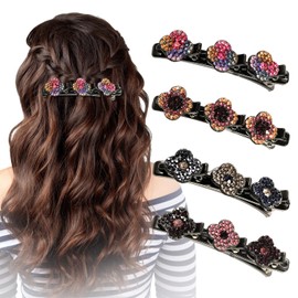 MOTIBACK 4pcs Sparkling Crystal Stone Flowers Hair Clips，Rhinestone Duckbill Clips,Colorful Side Bangs Clips Double Layer 3 Mini Hair Clips Accessories for Girls Women