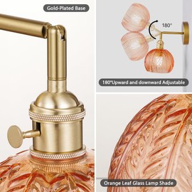 Cerdeco Vintage Wall Sconce with Maple Orange Leaf Glass Shade,180°Adjustable Arm and Golden Base,Modern Indoor Wall Light Lighting for Bedroom