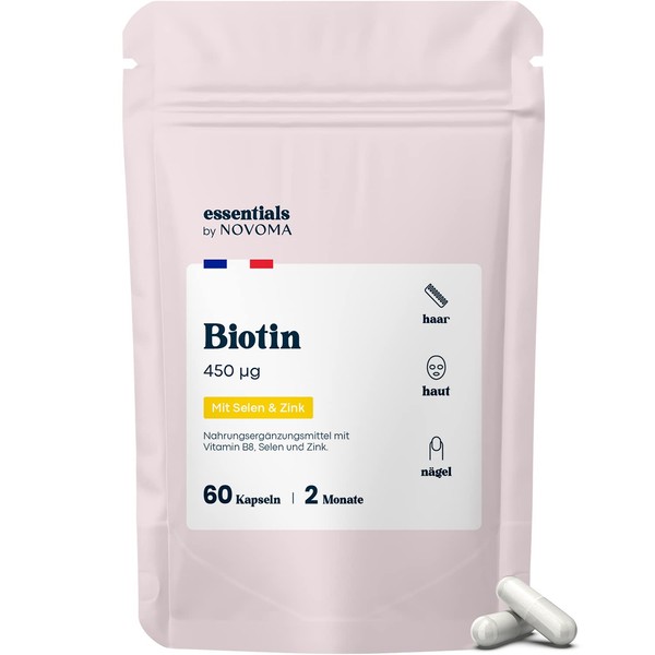 Biotin High Dose with Zinc & Selenium, 60 Capsules (2 Months), for Hair Growth, Skin and Nails, Hair Vitamins, Essentials by Novoma