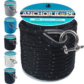 Anchor Rope 100 Ft 3/8 in, Double Braided Anchor Line with 316 Stainless Steel Thimble & Shackle, Boat Anchor Rope for Boats Up to 27' - Black