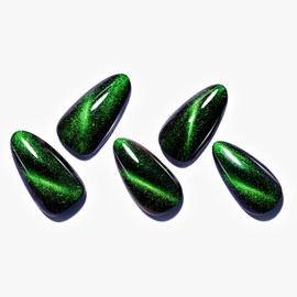WOOYAS Cat Eye Press On Nails - Handmade Dark Green Medium Almond False Nails,French Designs Full Cover Glue On Nails for All Season Press Ons